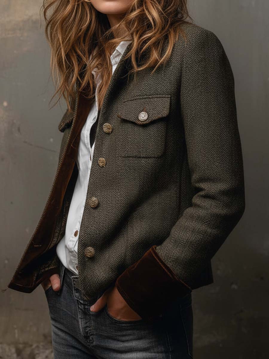 Blazer de Herringbone Vintage para Mujeres con Detalles en Contraste