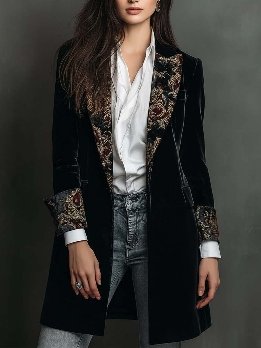 Blazer Slim Fit con Estampado Barroco en Negro para Mujeres