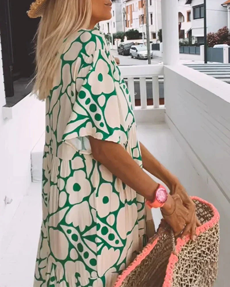 CRISTINA | Vestido Largo de Verano con Corte Fluido y Patrón Gráfico Elegante