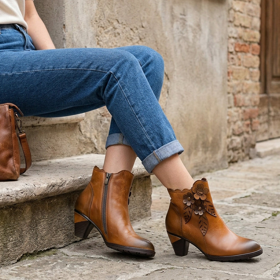Juliette - Botas de Tobillo de Cuero Floral Hechas a Mano Retro de Color Sólido