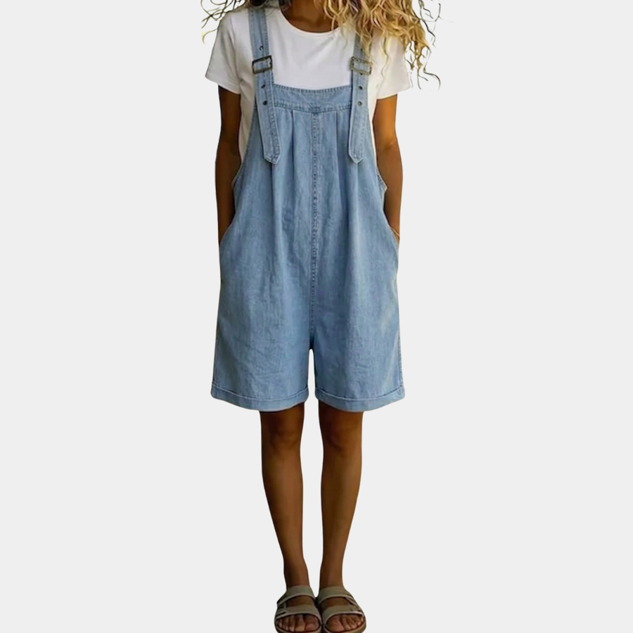 Clara | Pantalón de Tirantes en Denim de Algodón Suave Efecto Vintage Lavado Azul Claro