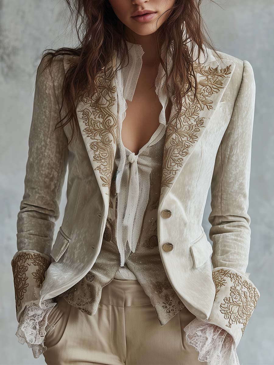 Blazer Ajustado Bordado de Marfil para Mujeres