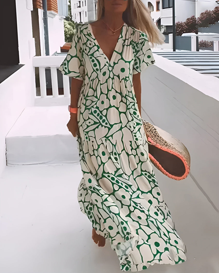 CRISTINA | Vestido Largo de Verano con Corte Fluido y Patrón Gráfico Elegante