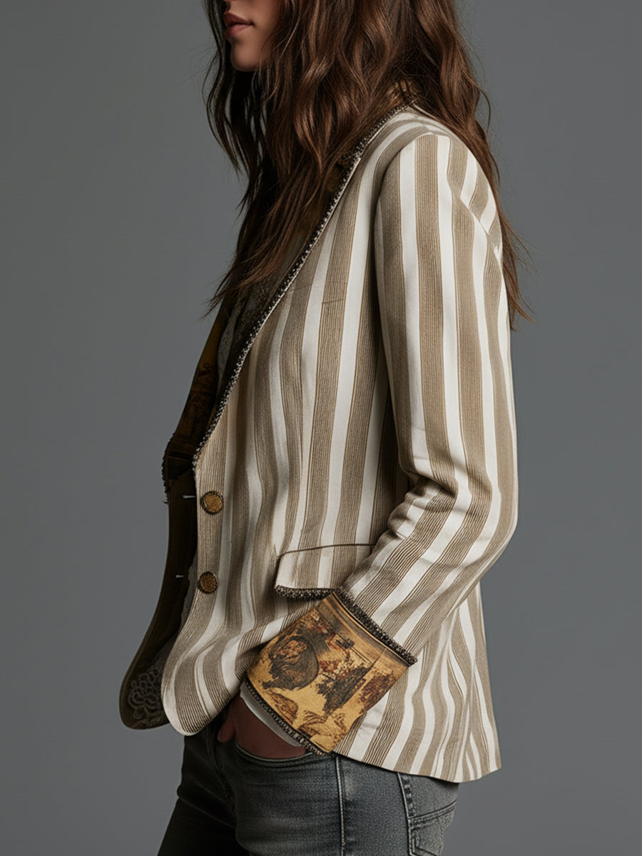Blazer de solapa impresa a rayas bohemio para mujeres
