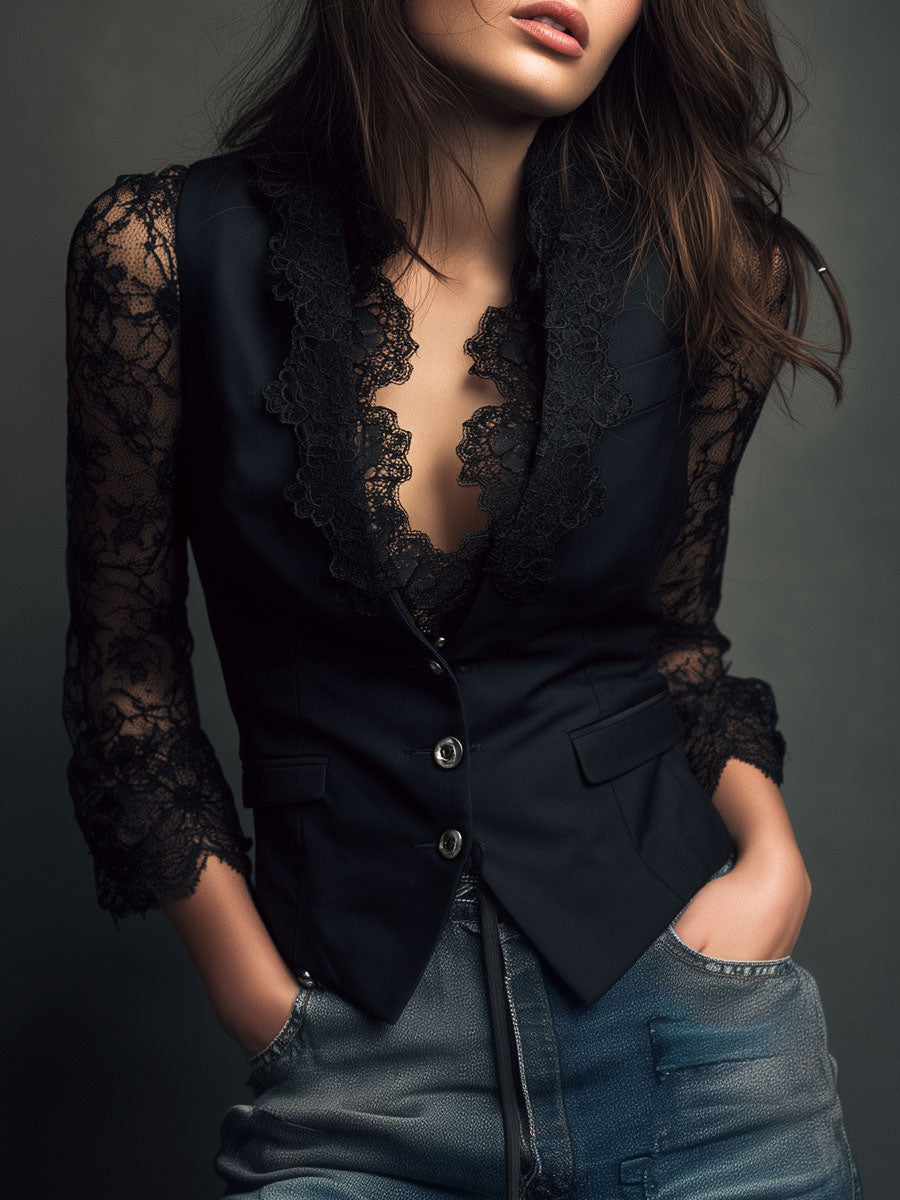Blazer Top de Manga Transparente Negra para Mujeres