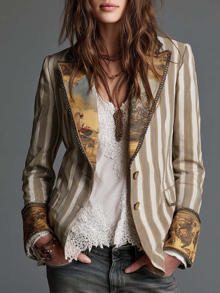Blazer de solapa impresa a rayas bohemio para mujeres