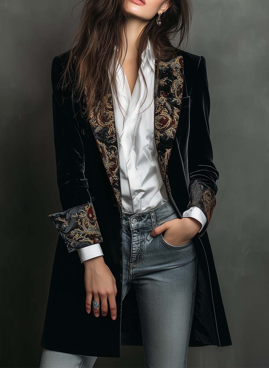 Blazer Slim Fit con Estampado Barroco en Negro para Mujeres