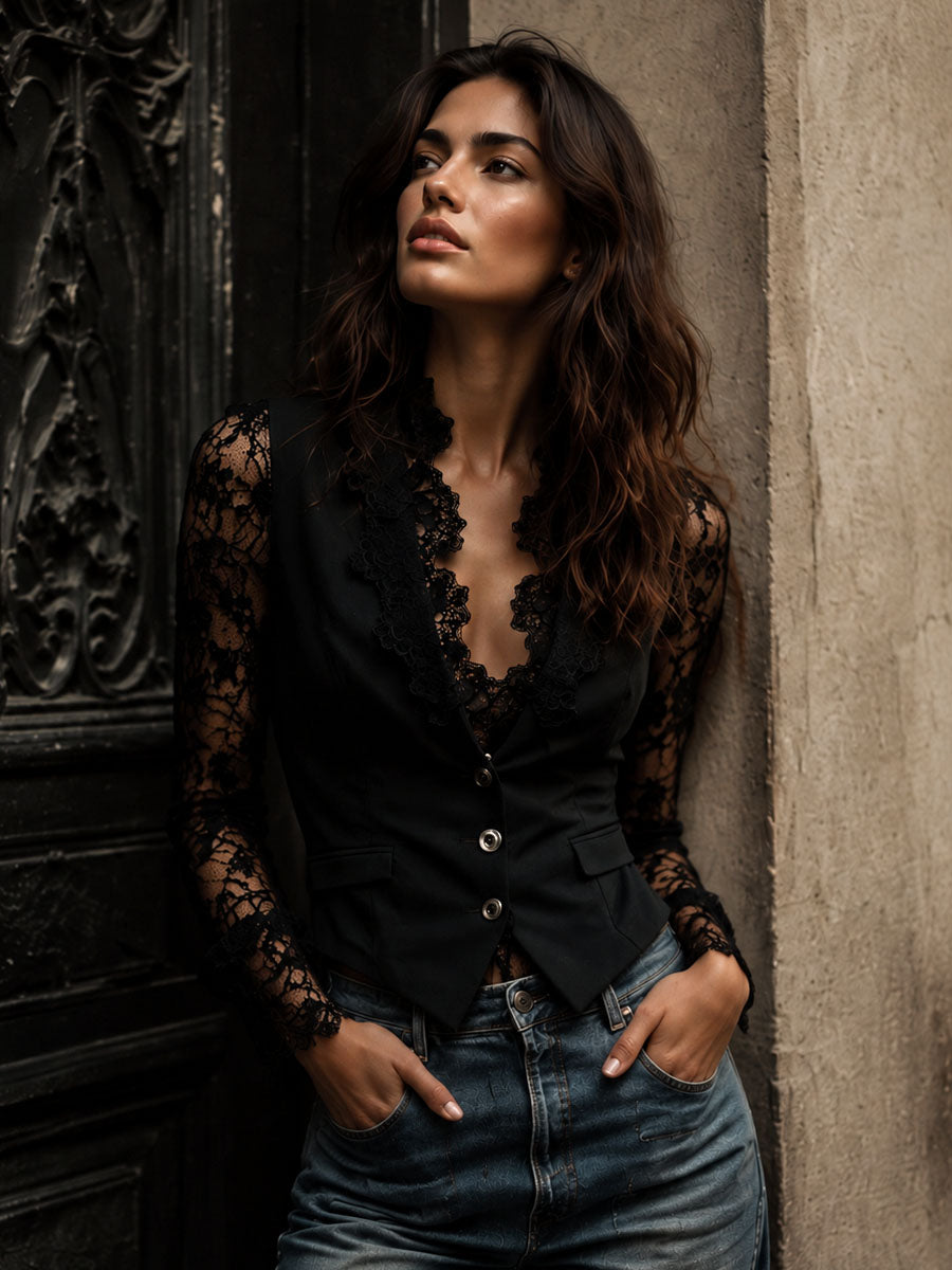 Blazer Top de Manga Transparente Negra para Mujeres
