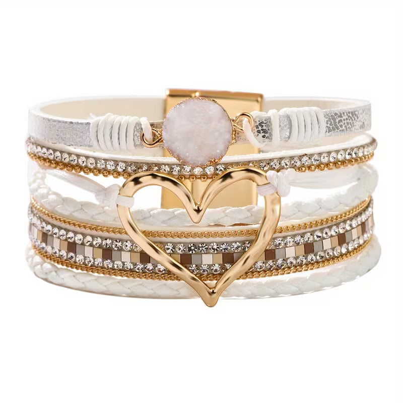 Georgia - Pulsera de Cuero en Capa Múltiple con Corazón Bohemio