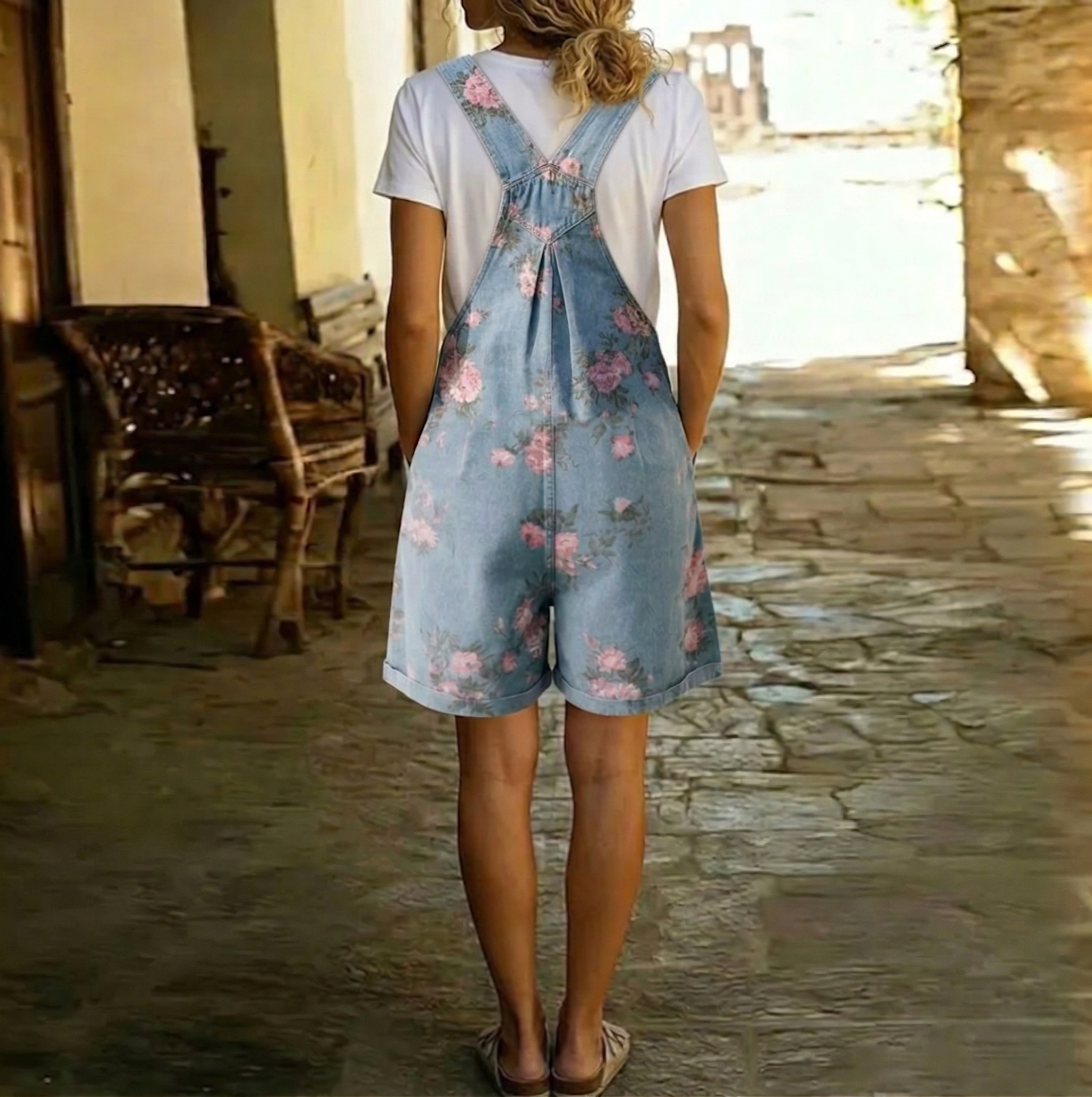 Judy | Pantalón Salopette Vintage de Denim Lavato con Sensación de Algodón Suave Floral