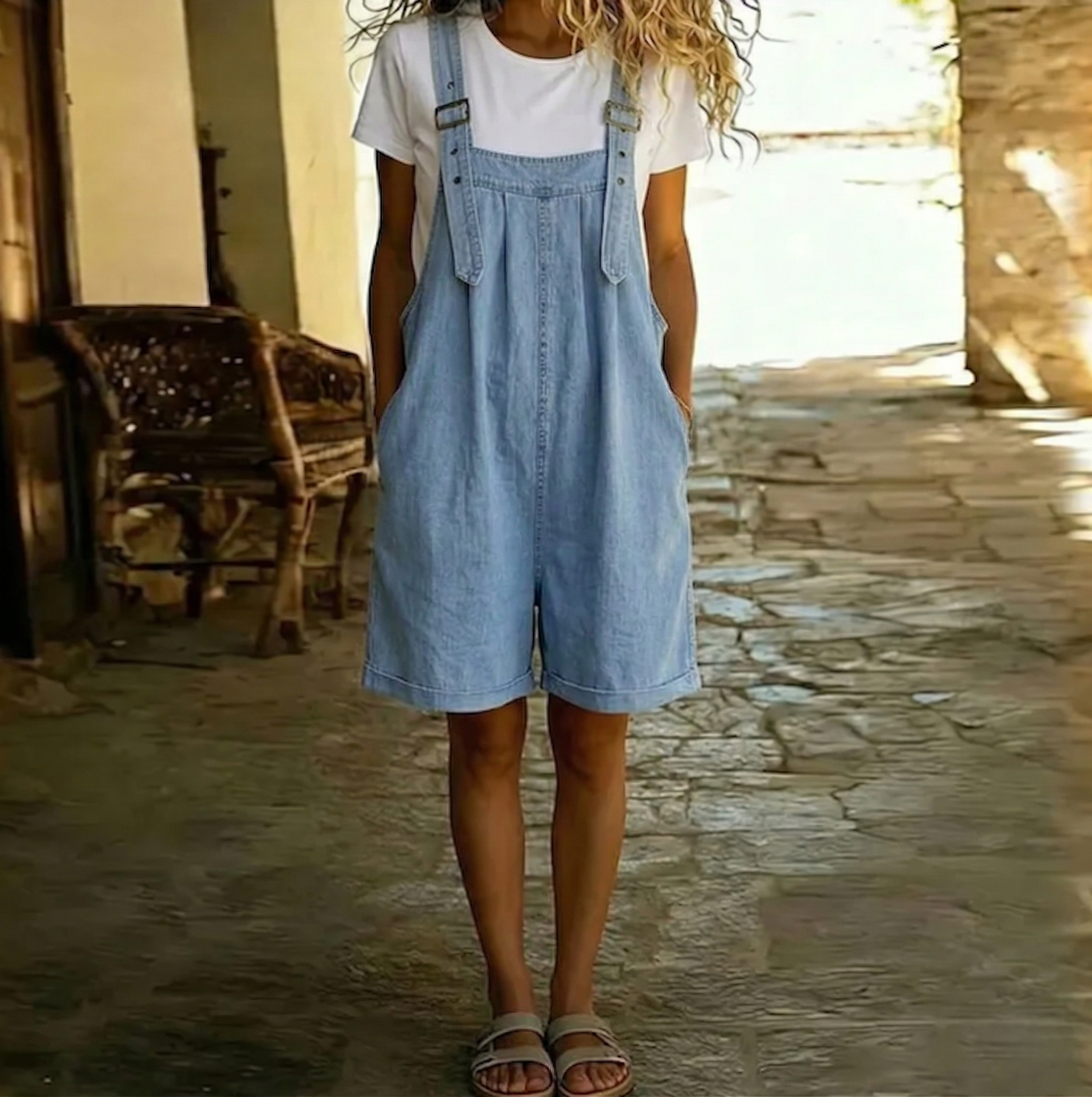 Clara | Pantalón de Tirantes en Denim de Algodón Suave Efecto Vintage Lavado Azul Claro