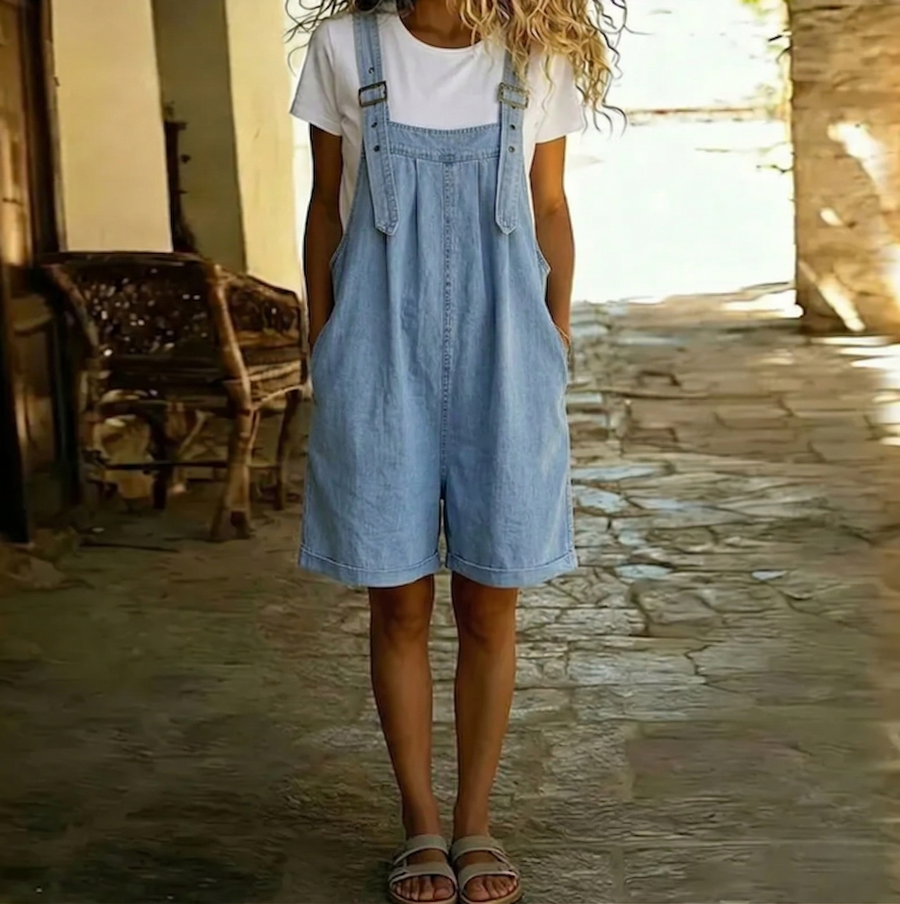 Clara | Pantalón de Tirantes en Denim de Algodón Suave Efecto Vintage Lavado Azul Claro