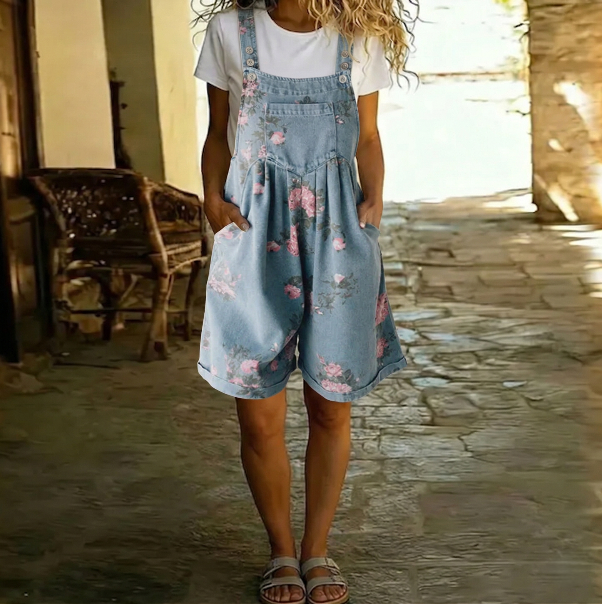 Judy | Pantalón Salopette Vintage de Denim Lavato con Sensación de Algodón Suave Floral