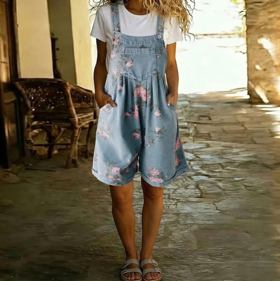Judy | Pantalón Salopette Vintage de Denim Lavato con Sensación de Algodón Suave Floral
