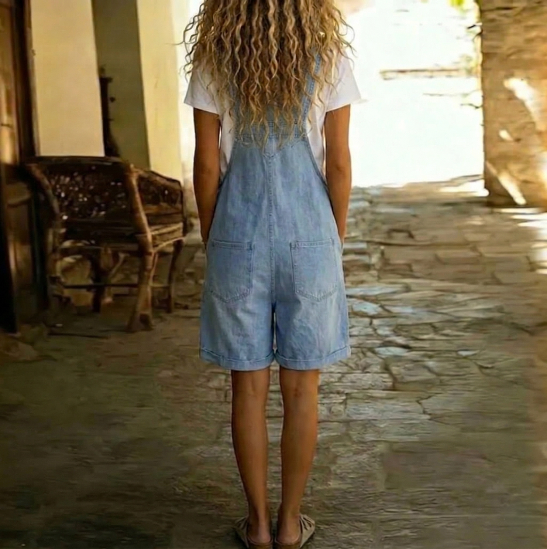 Clara | Pantalón de Tirantes en Denim de Algodón Suave Efecto Vintage Lavado Azul Claro
