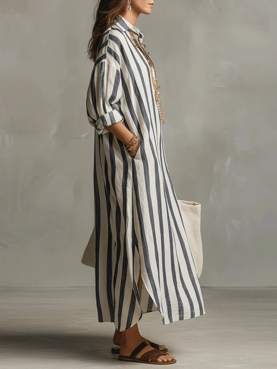 Scout | Vestido Maxi de Camisa Rayada con Mangas Largas y Bolsillos Laterales