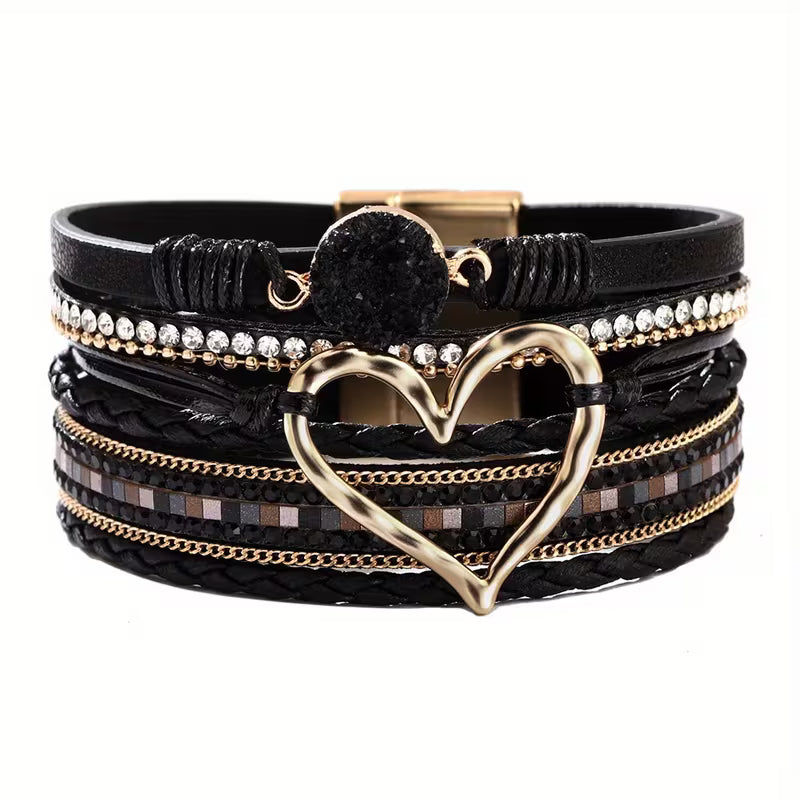 Georgia - Pulsera de Cuero en Capa Múltiple con Corazón Bohemio