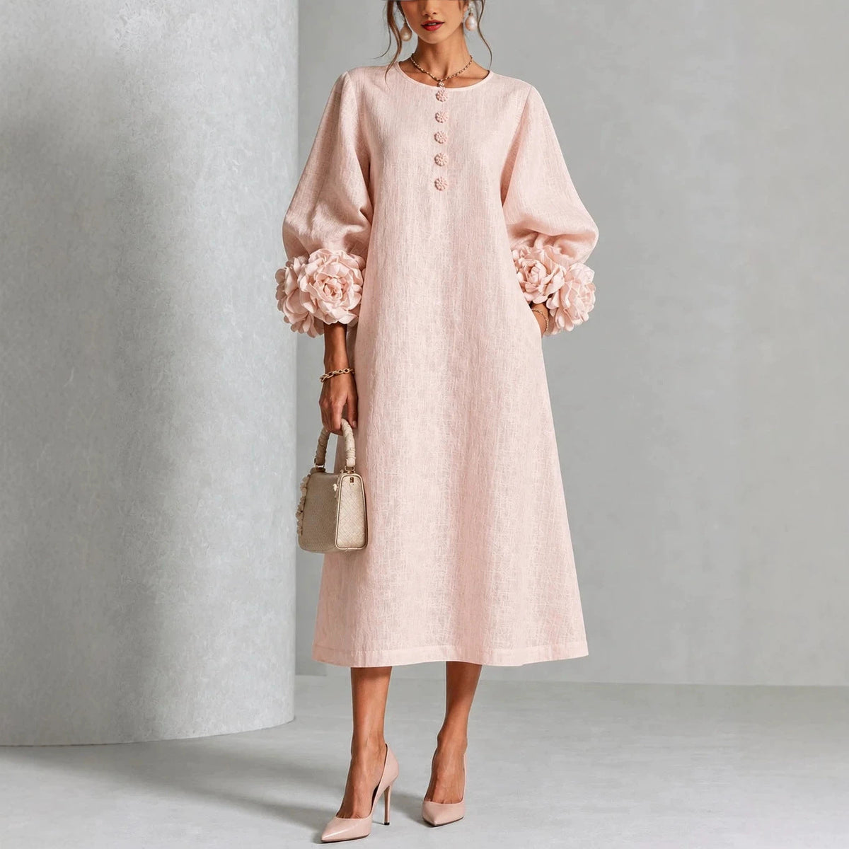 Daniela | Vestido Midi Floral con Mangas de Rosa