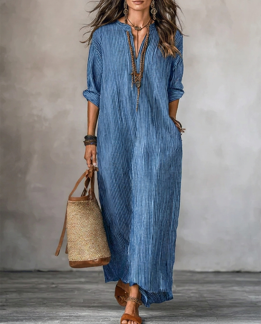HAVEN | Vestido Maxi de Manga Larga Estilo Rayas con Escote en V y Bolsillos Laterales