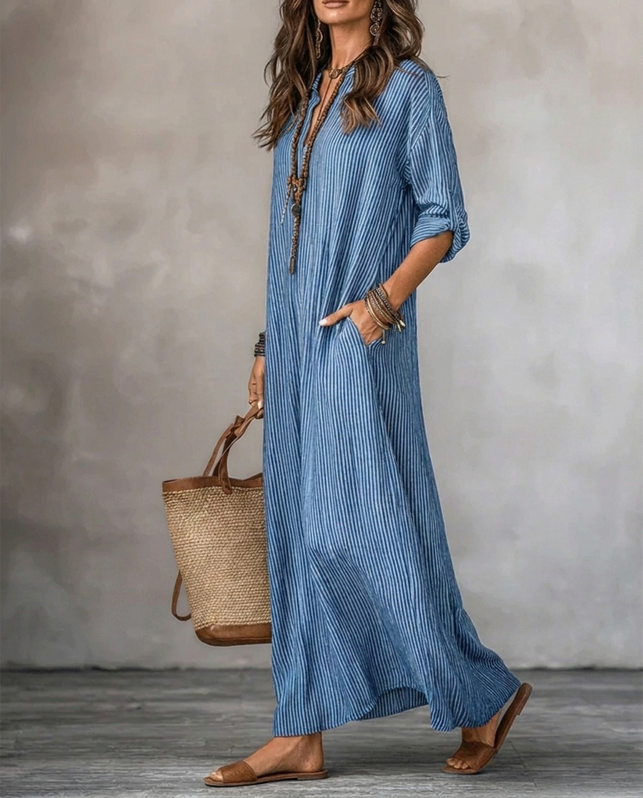 HAVEN | Vestido Maxi de Manga Larga Estilo Rayas con Escote en V y Bolsillos Laterales