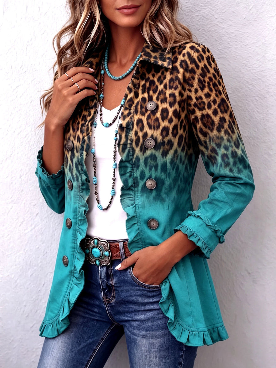Blazer de Ruffles con Estampado de Leopardo Ombre para Mujeres