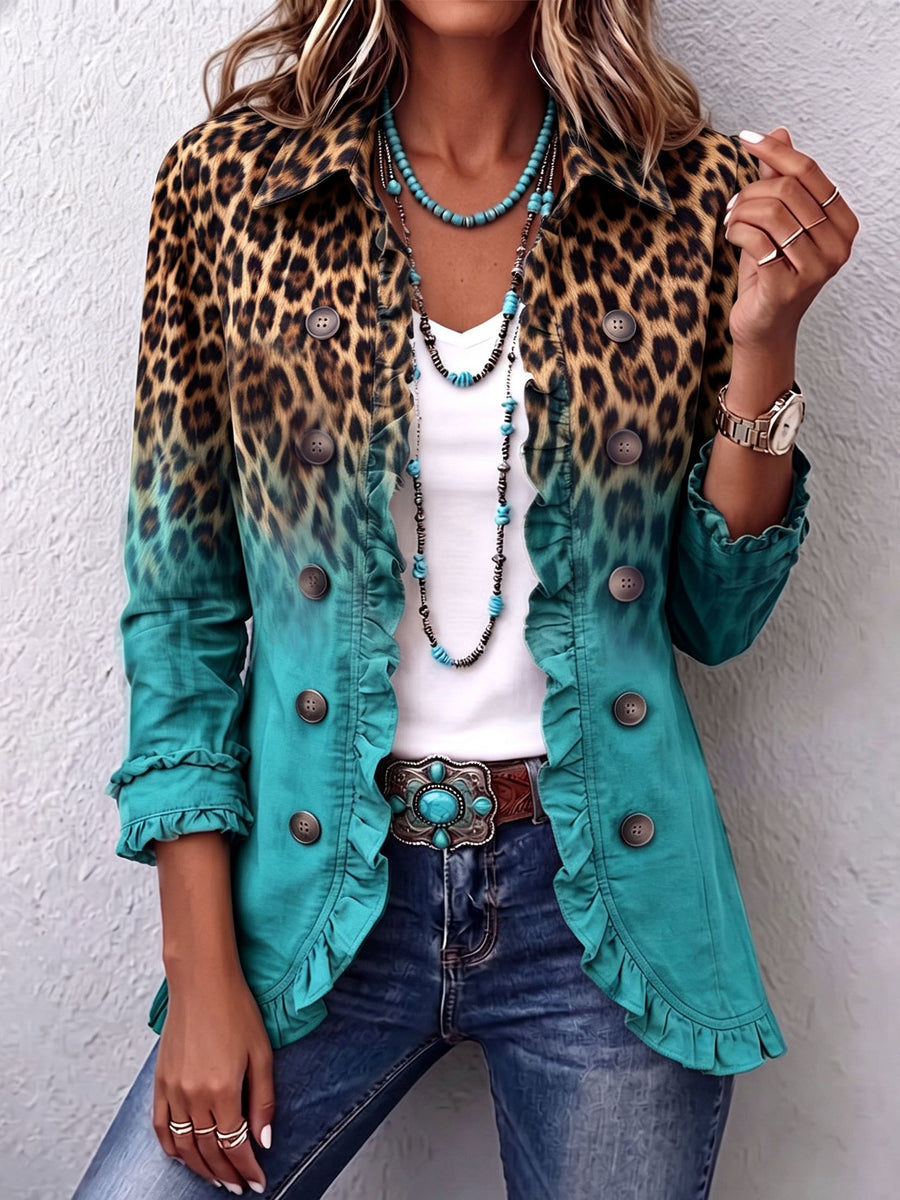 Blazer de Ruffles con Estampado de Leopardo Ombre para Mujeres
