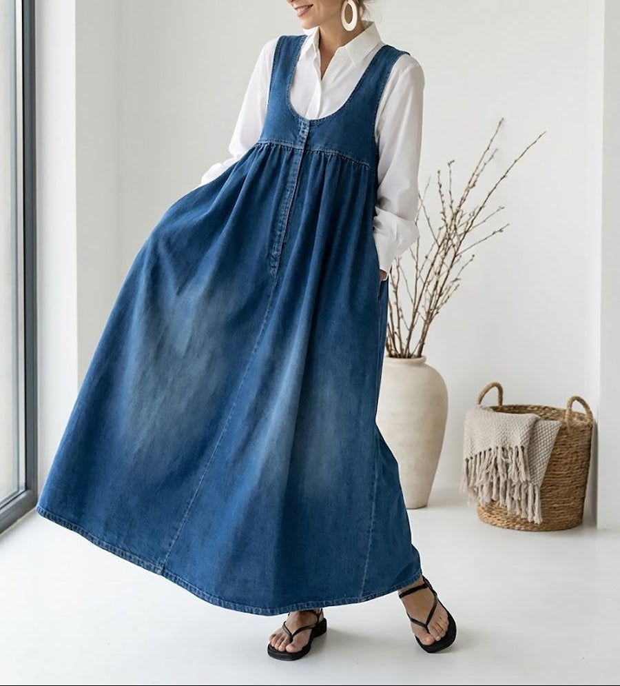 Karen | Vestido Largo de Denim Lavado Vintage con Toque de Algodón Suave