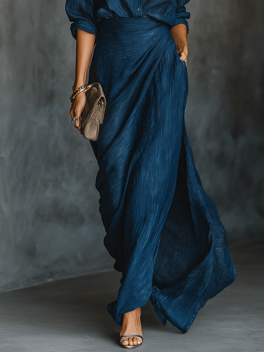 Sarah | Vestido Maxi Azul Marino con Escote en V y Mangas Largas